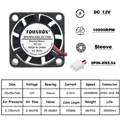 2vnt YOUNUON 25mm 5V 12V aušinimo ventiliatorius 25mmx25mmx7mm DC bešepetėlis mini aušintuvo ventiliatorius 2507 25x7mm aušinimo radiatoriaus radiatorių radiatorių ventiliatorius