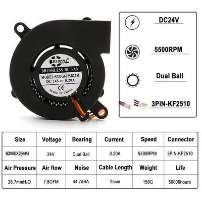 SXDOOL DC hűtés 2 tűs 60x60x25mm 6cm 60mm kis PC centrifugális 12V 24V kettős golyóscsapágyas ventilátor