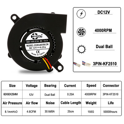 SXDOOL DC hűtés 2 tűs 60x60x25mm 6cm 60mm kis PC centrifugális 12V 24V kettős golyóscsapágyas ventilátor