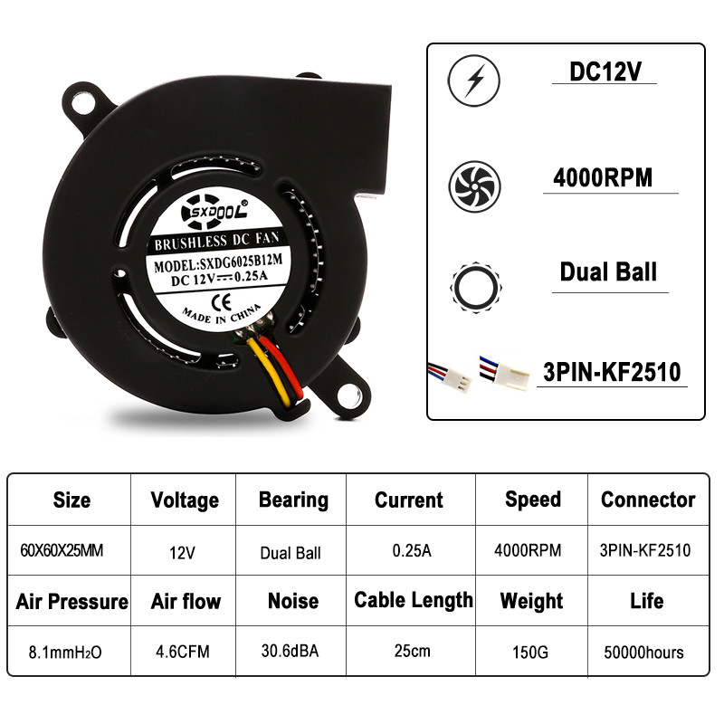SXDOOL DC hűtés 2 tűs 60x60x25mm 6cm 60mm kis PC centrifugális 12V 24V kettős golyóscsapágyas ventilátor