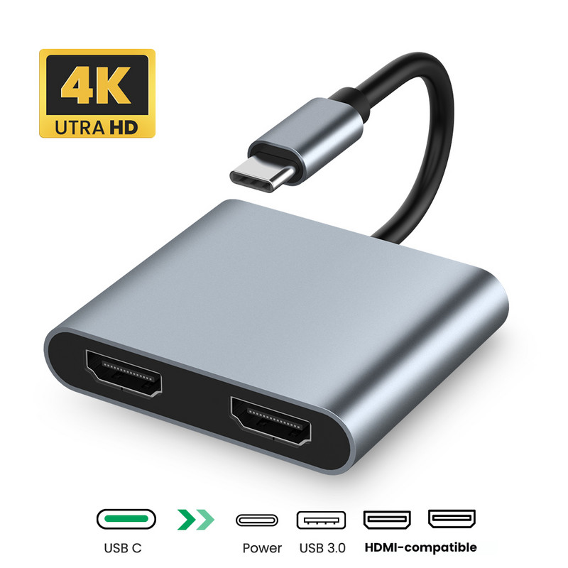 C tipo su dvigubu HDMI suderinamas USB 3.0 PD keitiklis 4 viename USB C doko stoties šakotuvas 4K adapterio laidas, skirtas telefonui Macbook nešiojamasis televizorius