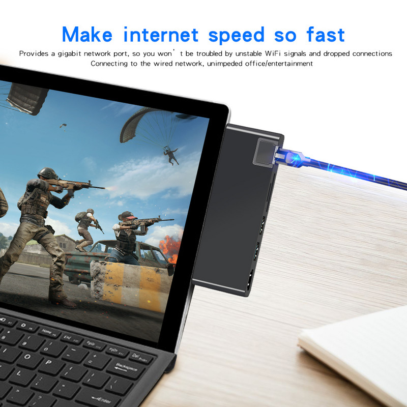 Rocketek USB 3.0 HUB 4K HDMI saderīgs 1000 Mbps Gigabit Ethernet SD/TF, kas paredzēts Microsoft Surface Pro 4/5/6 klēpjdatoru dokstacijām