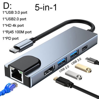 USB C HUB Type C uz 4K HDMI saderīgs adapteris Usb3.1 centrmezgla sadalītājs USB3.0 dokstacijas RJ45 karšu lasītājs Macbook Pro klēpjdatoram