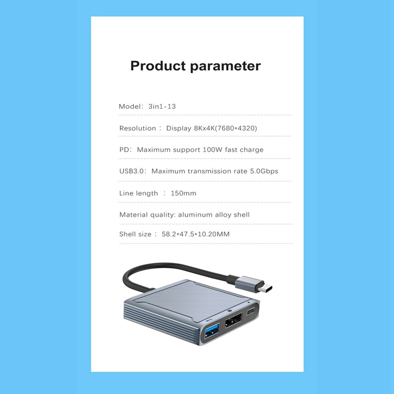 3 vienā C tipa C tipa USB dokstacijas C tipa displeja portam USB 3.0 ar PD 100W 8K@60Hz 4K@144Hz pārveidotāju Mackbook DP
