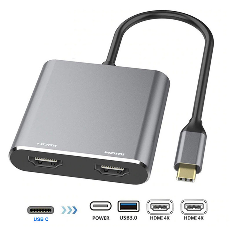 4in1 C tipa dokstacijas pie HDMI*2 4K USB3.0 PD uzlādes divu ekrānu paplašinātā displeja USB C centrmezgla pārveidotājs Macbook Lpatop