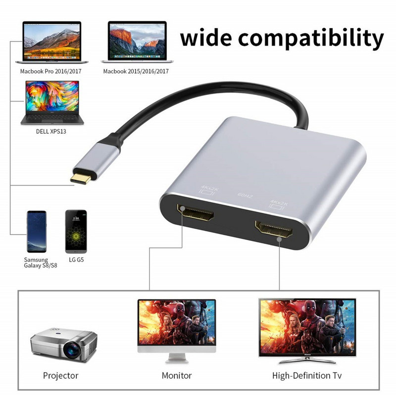4in1 C tipa dokstacijas pie HDMI*2 4K USB3.0 PD uzlādes divu ekrānu paplašinātā displeja USB C centrmezgla pārveidotājs Macbook Lpatop
