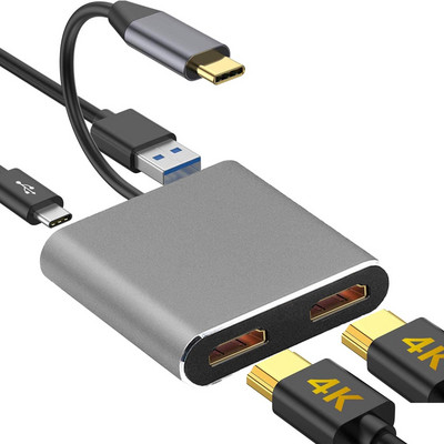 Tüüp C kuni kahe HDMI 4K HDTV USB3.0 PD laadimine Macbooki sülearvuti jaoks Laiendage kahe ekraaniga ekraaniga mobiiltelefoni USB C jaoturite dokkimisjaam