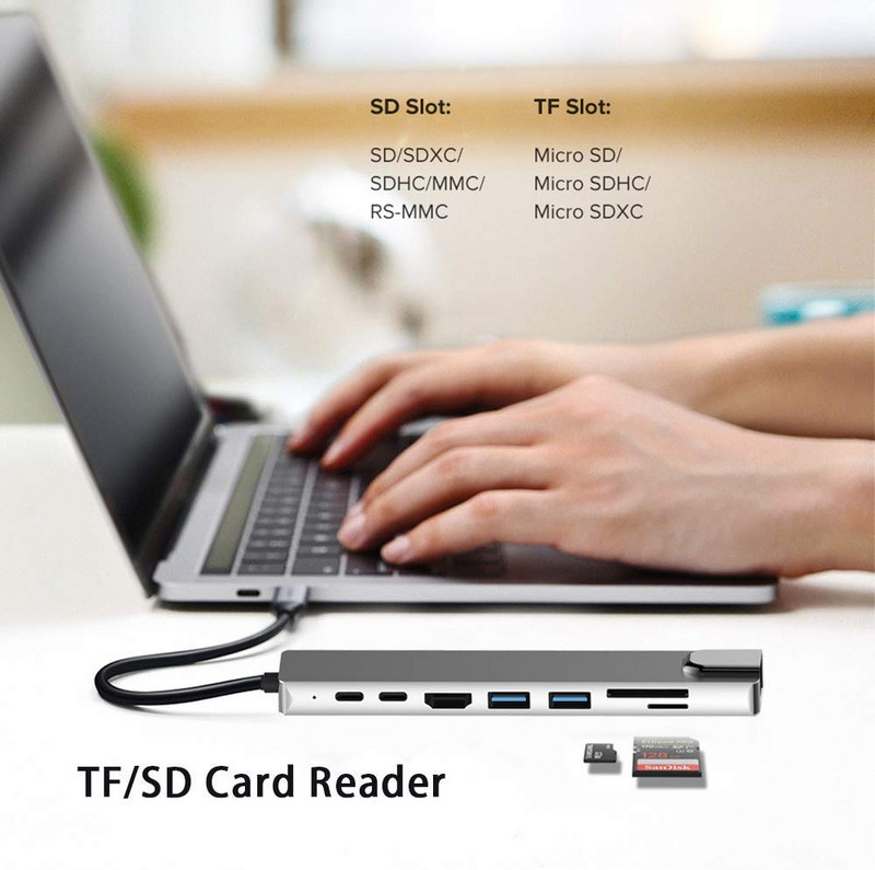 8 vienā USB c centrmezgls klēpjdatora adapterim, datora PD uzlādei, 8 portu dokstacijas RJ45 HD TF/SD kartes piezīmjdatora C tipa sadalītājs