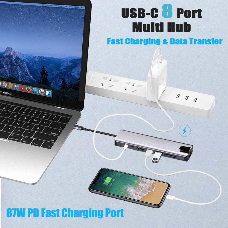 8 vienā USB c centrmezgls klēpjdatora adapterim, datora PD uzlādei, 8 portu dokstacijas RJ45 HD TF/SD kartes piezīmjdatora C tipa sadalītājs