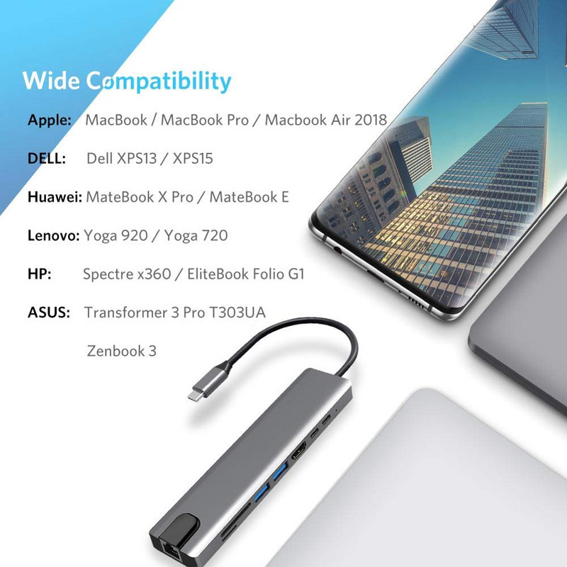 8 vienā USB c centrmezgls klēpjdatora adapterim, datora PD uzlādei, 8 portu dokstacijas RJ45 HD TF/SD kartes piezīmjdatora C tipa sadalītājs