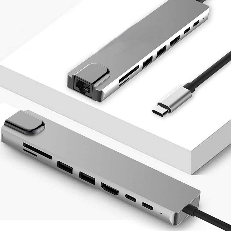 8 vienā USB c centrmezgls klēpjdatora adapterim, datora PD uzlādei, 8 portu dokstacijas RJ45 HD TF/SD kartes piezīmjdatora C tipa sadalītājs