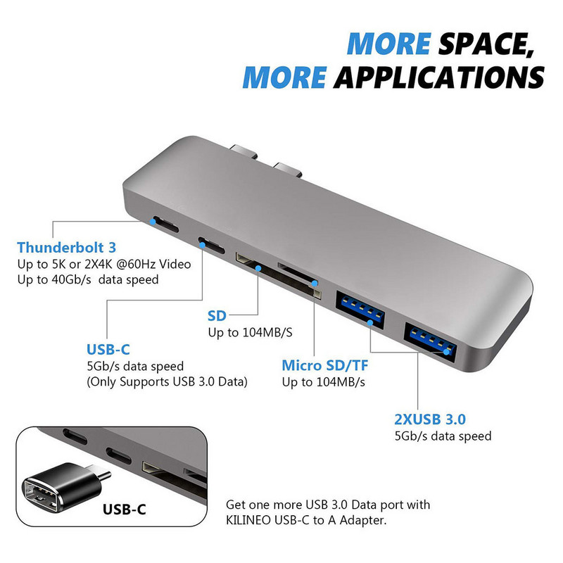 6 in 1 USB C raktas USB C doko stoties C tipo adapteris USB C šakotuvas PD100W, skirtas MacBook Air M1 2022-2018 ir MacBook Pro M1 2022-2016