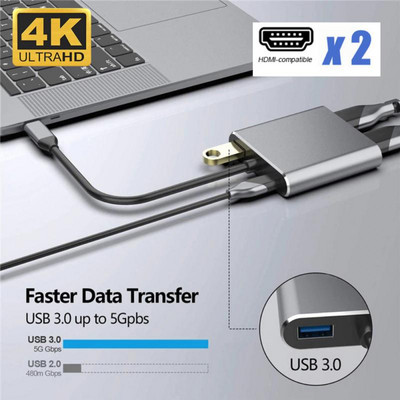 RYRA USB HUB MST Τύπος C σε HDMI 4K Μετατροπέας Προσαρμογέας Τύπου C σε PD 60W USB 3.0 Διπλές θύρες HDMI για υπολογιστή φορητό υπολογιστή MacBook Android