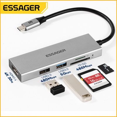 Essager USB C Type C Удължител за кабелен хъб Високоскоростен USB 3.0 2.0 SD TF четец на карти Портове Сплитер за лаптоп компютър Офис хъб
