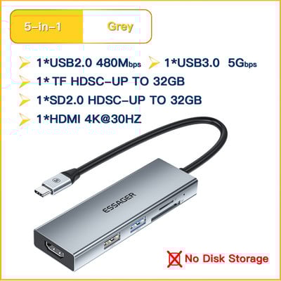 Essager USB C Tip C Cable Hub Extender High Speed USB 3.0 2.0 SD TF Card Reader Ports Splitter For Laptop Computer Office Hub