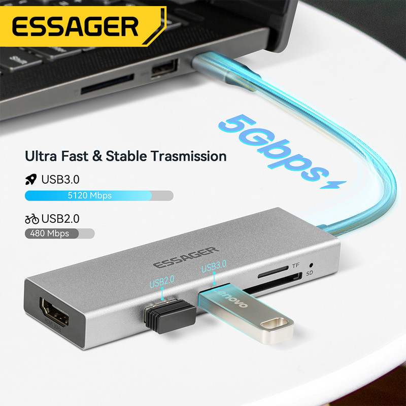 Essager USB C Tip C Cable Hub Extender High Speed USB 3.0 2.0 SD TF Card Reader Ports Splitter For Laptop Computer Office Hub