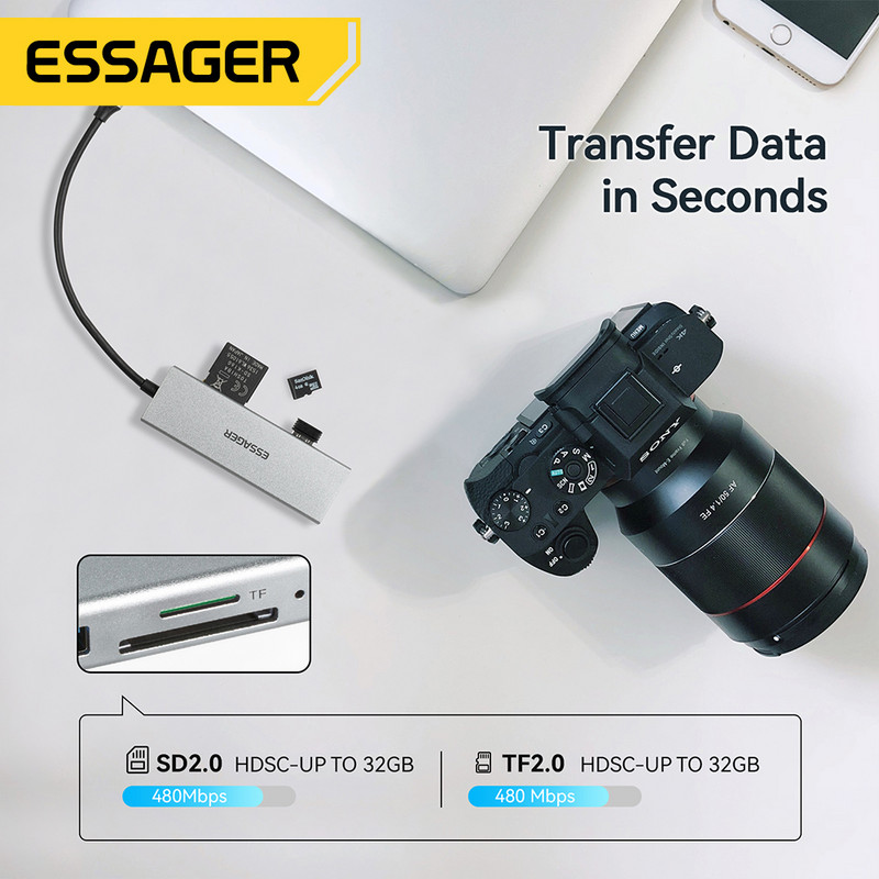 Essager USB C Tip C Cable Hub Extender High Speed USB 3.0 2.0 SD TF Card Reader Ports Splitter For Laptop Computer Office Hub