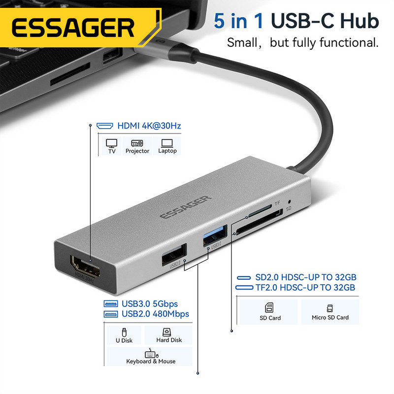 Essager USB C Tip C Cable Hub Extender High Speed USB 3.0 2.0 SD TF Card Reader Ports Splitter For Laptop Computer Office Hub
