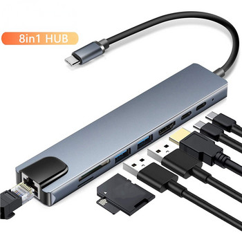 8 σε 1 USB C Hub Type-C Expansion Dock USB Hub To HDMI-Compatible + RJ45 + PD + USB3.0 Expansion Docking Station
