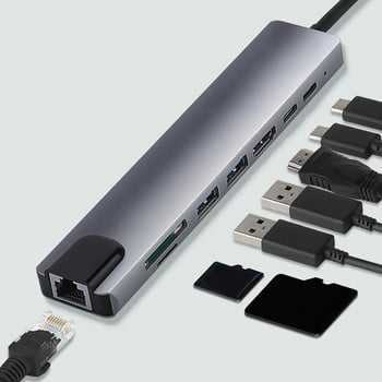 8 в 1 USB C хъб Тип-C разширителна докинг станция USB хъб към HDMI-съвместим + RJ45 + PD + USB3.0 разширителна докинг станция