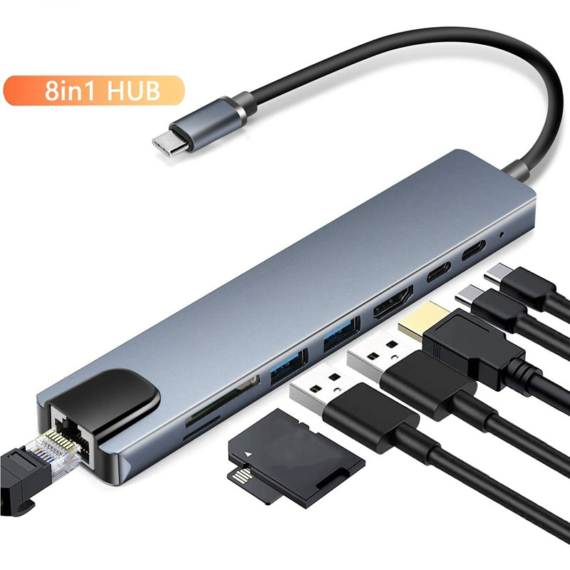 8 u 1 USB C Hub Type-C Expansion Dock USB Hub na HDMI-kompatibilan + RJ45 + PD + USB3.0 Expansion Docking Station
