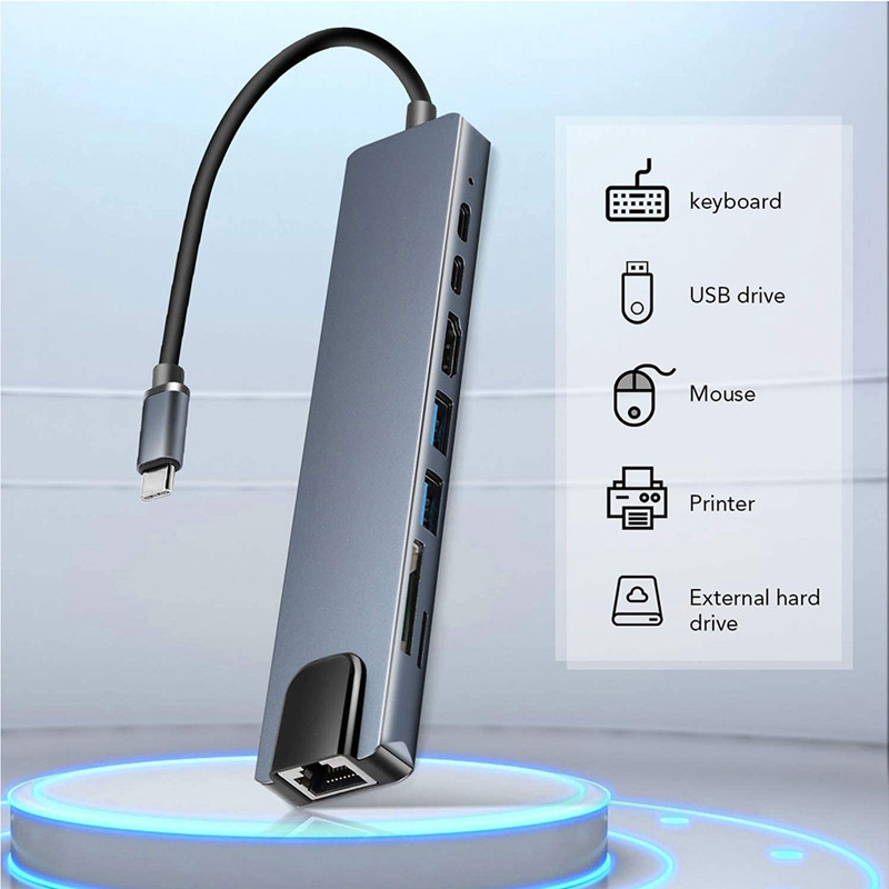 8 u 1 USB C Hub Type-C Expansion Dock USB Hub na HDMI-kompatibilan + RJ45 + PD + USB3.0 Expansion Docking Station