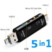 Daudzfunkcionāls 5-in-1 USB / C tipa / Micro USB OTG karšu lasītājs Android tālrunim / datoram / Universālā TF karte / U zibatmiņas disks