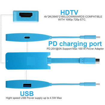 3в1 USB C хъб към 4K HDMI TV PD Бързо зареждане USB Тип C Докинг станция за Nintendo Switch Лаптоп Телефон Таблет Dex USBC Докинг станция