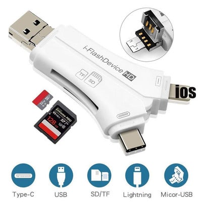 4-u-1 Otg čitač kartica Univerzalni višenamjenski mobilni telefon Tf SD kamera Čitač kartica s više sučelja s aplikacijom