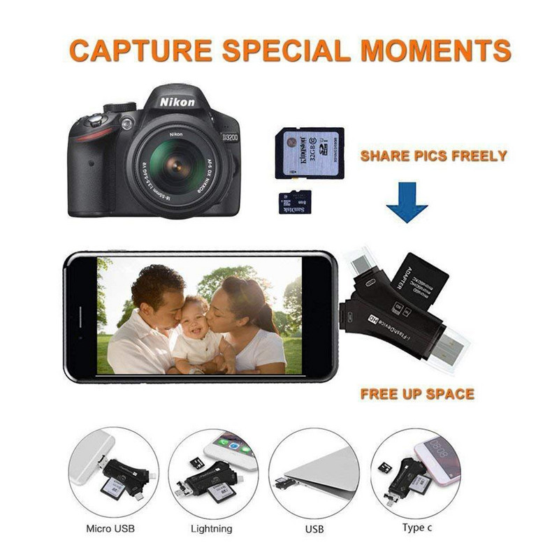 4 az 1-ben Otg kártyaolvasó Univerzális többfunkciós mobiltelefon Tf Sd kamera több interfészes kártyaolvasó alkalmazással