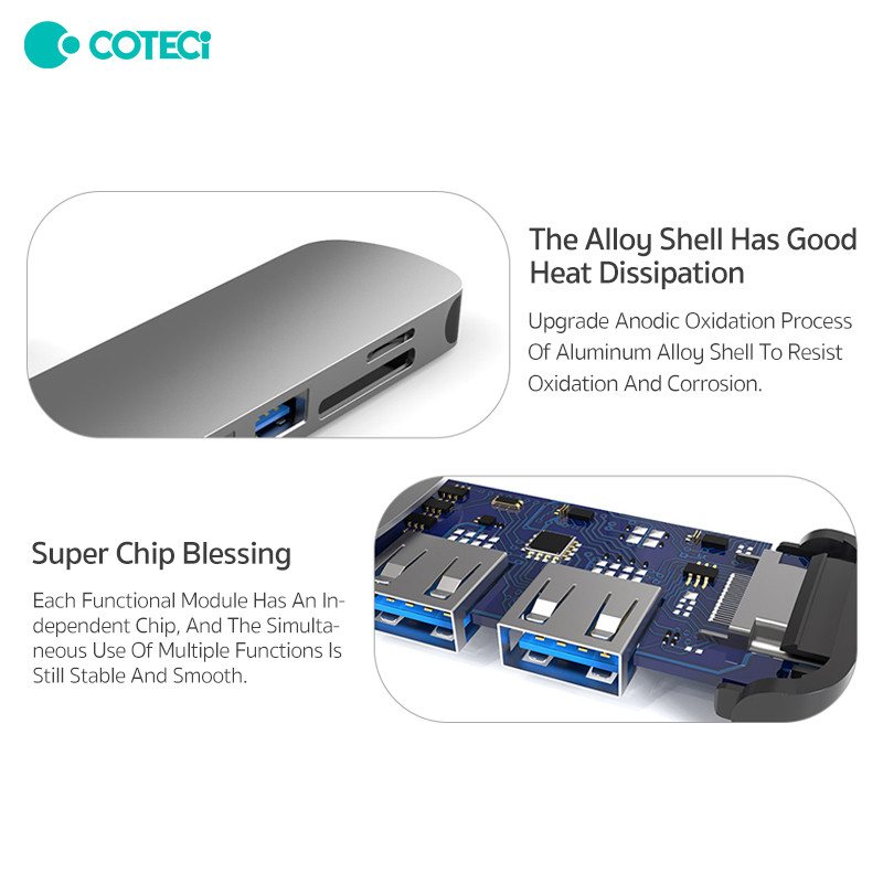 Coteetci Docking 6in1 Hub Type-C Pd Usb3.0 Usb2.0 Hdml Usb-C2.0 Sd Tf Card Reade Docking Station Accesorii pentru computer