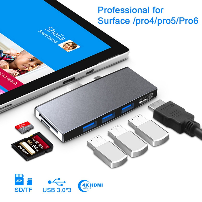 Pentru Surface Pro 6 5 4 Hub 5 în 1 USB Docking Station Negru cu 4K compatibil HDMI 2 porturi USB 3.0 Cititor slot pentru carduri de memorie