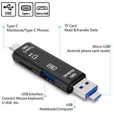 Grwibeou 3 σε 1 Micro SD Card Reader OTG USB Type C Card Reader για USB Micro SD Adapter Driver Smart Card Memory Reader