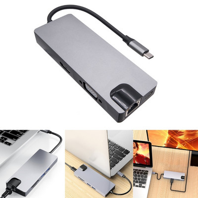 USB C Docking Station 8 in 1 Hub Adapter with 4K+VGA+USB 3.0 Port+PD+Ethernet+SDTF Docking Station