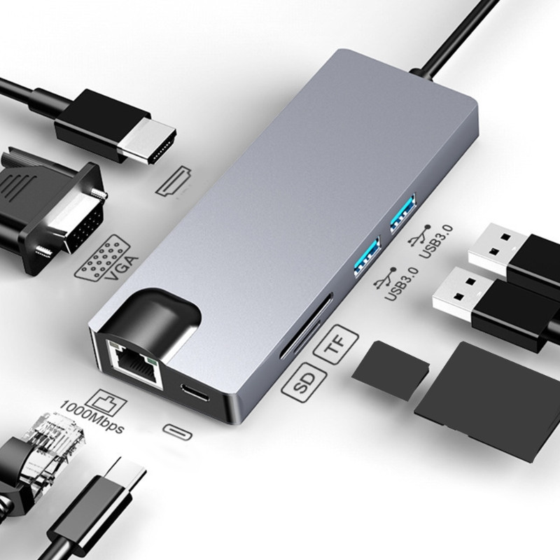 USB C prijungimo stotis 8 viename šakotuvo adapteris su 4K+VGA+USB 3.0 prievadu+PD+Ethernet+SDTF prijungimo stotimi