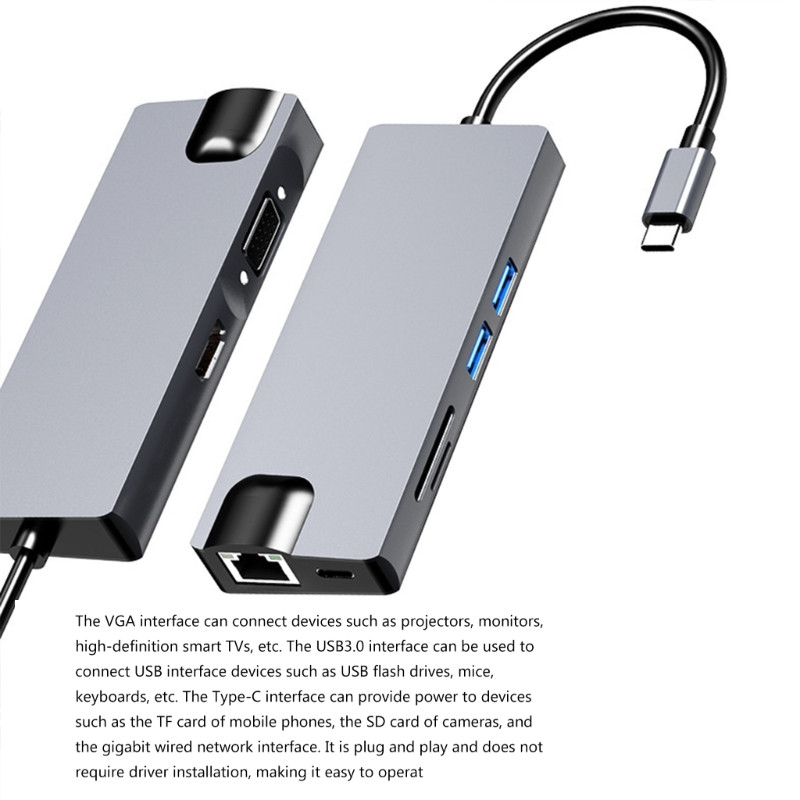 USB C prijungimo stotis 8 viename šakotuvo adapteris su 4K+VGA+USB 3.0 prievadu+PD+Ethernet+SDTF prijungimo stotimi