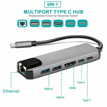USB 3.1 ХЪБ Тип C към HDMI-съвместим Rj45 PD USB 3.0 Мултиадаптер Докинг Аксесоари Тип C Сплитер 6-портов ХЪБ за MacBook Pro