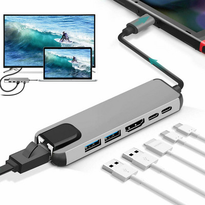 C-tüüpi USB 3.1 jaotur – HDMI-ühilduv Rj45 PD USB 3.0 mitme adapteri dokitarvikud C-tüüpi splitter 6-pordiline jaotur MacBook Pro jaoks