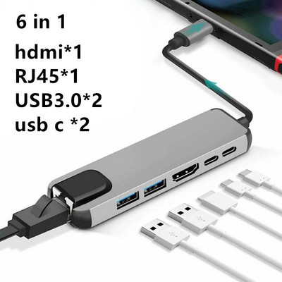 C tipo USB 3.1 koncentratorius, suderinamas su HDMI Rj45 PD USB 3.0 kelių adapterių doko priedai C tipo skirstytuvas 6 prievadų koncentratorius, skirtas MacBook Pro