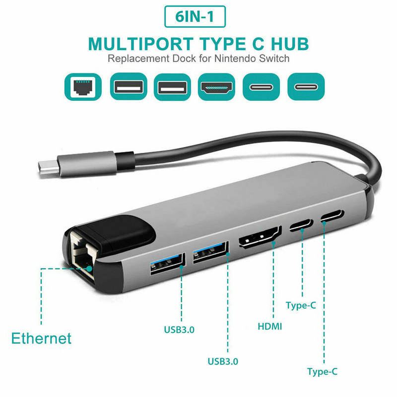 C tipo USB 3.1 koncentratorius, suderinamas su HDMI Rj45 PD USB 3.0 kelių adapterių doko priedai C tipo skirstytuvas 6 prievadų koncentratorius, skirtas MacBook Pro