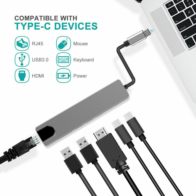 C tipo USB 3.1 koncentratorius, suderinamas su HDMI Rj45 PD USB 3.0 kelių adapterių doko priedai C tipo skirstytuvas 6 prievadų koncentratorius, skirtas MacBook Pro