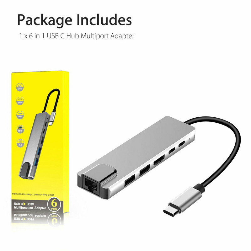 C tipo USB 3.1 koncentratorius, suderinamas su HDMI Rj45 PD USB 3.0 kelių adapterių doko priedai C tipo skirstytuvas 6 prievadų koncentratorius, skirtas MacBook Pro