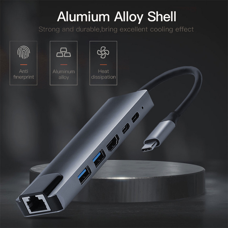 USB-C hub 6 az 1-ben C típusú USB dokkolóállomás 4K HDMI-kompatibilis kimenettel USB 3.0 PD USB töltőbővítő számítógép-tartozékok