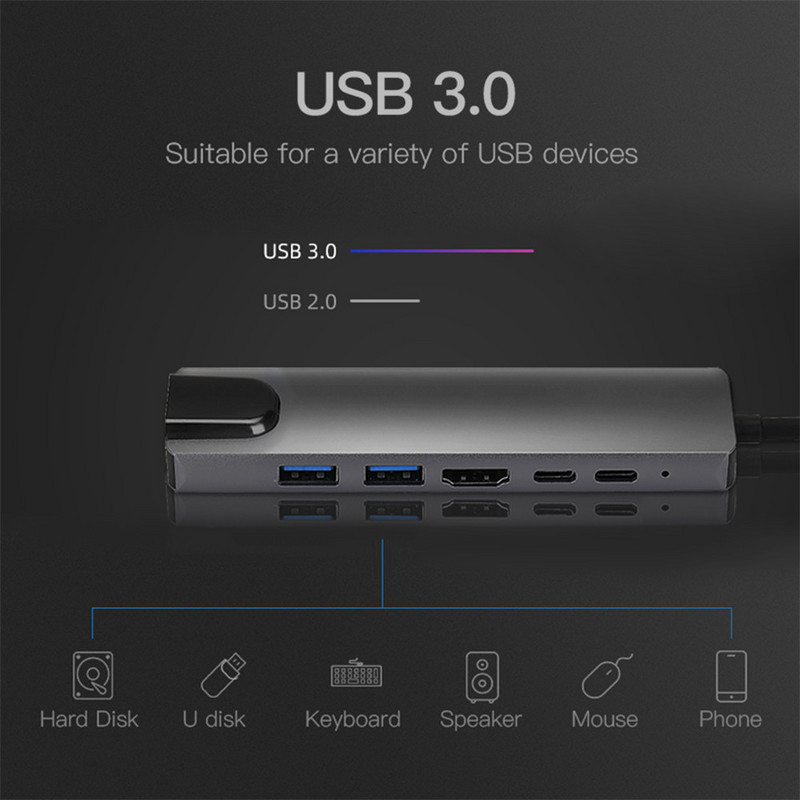 USB-C hub 6 az 1-ben C típusú USB dokkolóállomás 4K HDMI-kompatibilis kimenettel USB 3.0 PD USB töltőbővítő számítógép-tartozékok