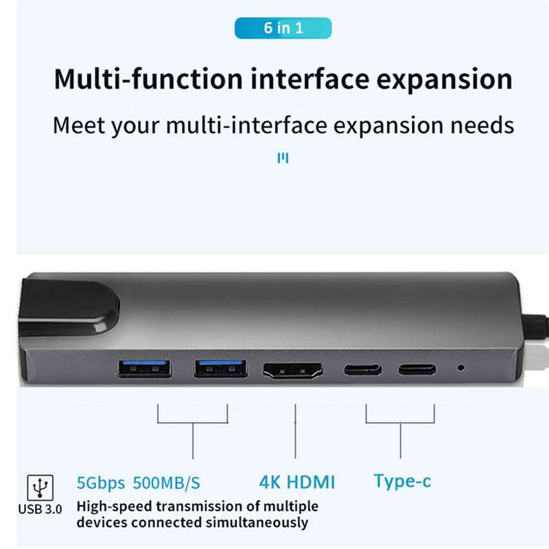 USB-C hub 6 az 1-ben C típusú USB dokkolóállomás 4K HDMI-kompatibilis kimenettel USB 3.0 PD USB töltőbővítő számítógép-tartozékok