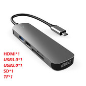 5-in-1 Type-C HUB 4K prijungimo stotis dviguba HDMI USB3.0 USB2.0 SD TF nešiojamojo kompiuterio prijungimo stotys Aliuminio lydinio Aukšta kokybė