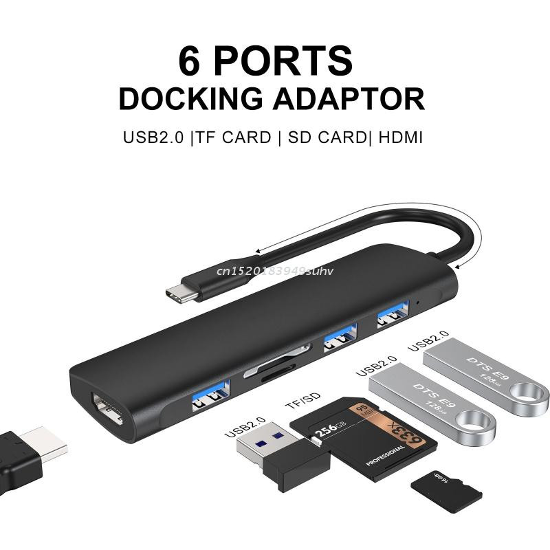 Īpaši ātra dokstacija 6 vienā C tipa līdz 4K 30Hz ar HDMI saderīga + USB3.0 SD/TF karte 5 Gb/s vairāku datu pārsūtīšanas centrmezgls