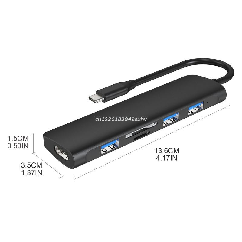 Īpaši ātra dokstacija 6 vienā C tipa līdz 4K 30Hz ar HDMI saderīga + USB3.0 SD/TF karte 5 Gb/s vairāku datu pārsūtīšanas centrmezgls