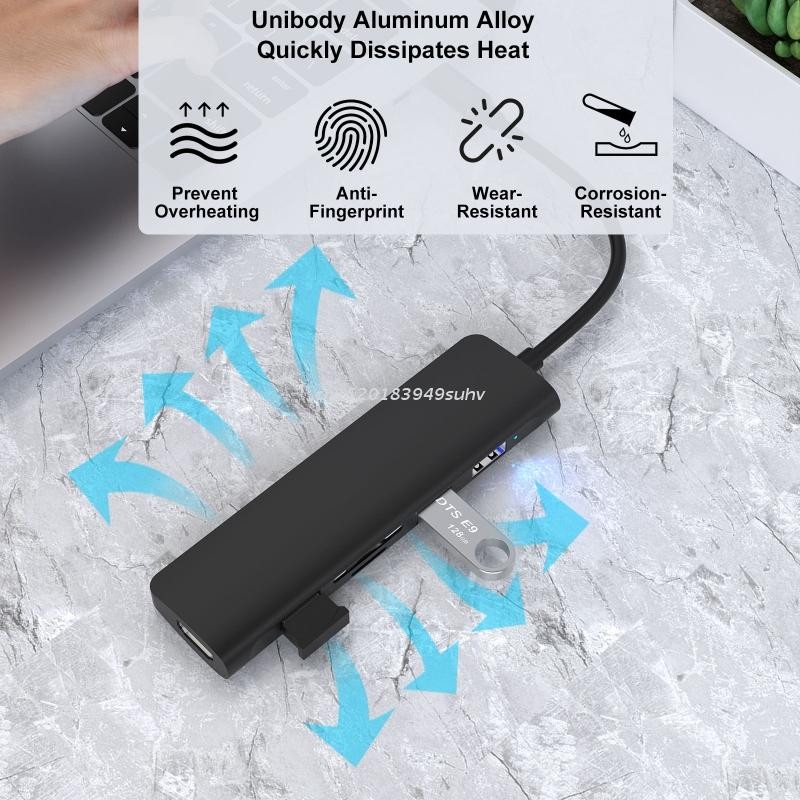 Īpaši ātra dokstacija 6 vienā C tipa līdz 4K 30Hz ar HDMI saderīga + USB3.0 SD/TF karte 5 Gb/s vairāku datu pārsūtīšanas centrmezgls