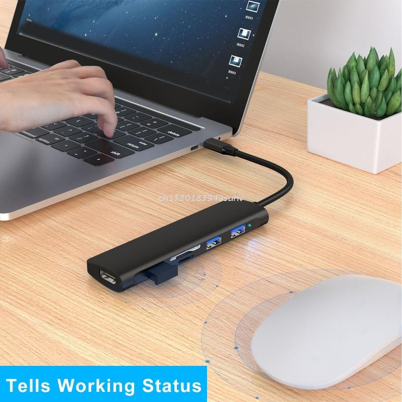 Īpaši ātra dokstacija 6 vienā C tipa līdz 4K 30Hz ar HDMI saderīga + USB3.0 SD/TF karte 5 Gb/s vairāku datu pārsūtīšanas centrmezgls